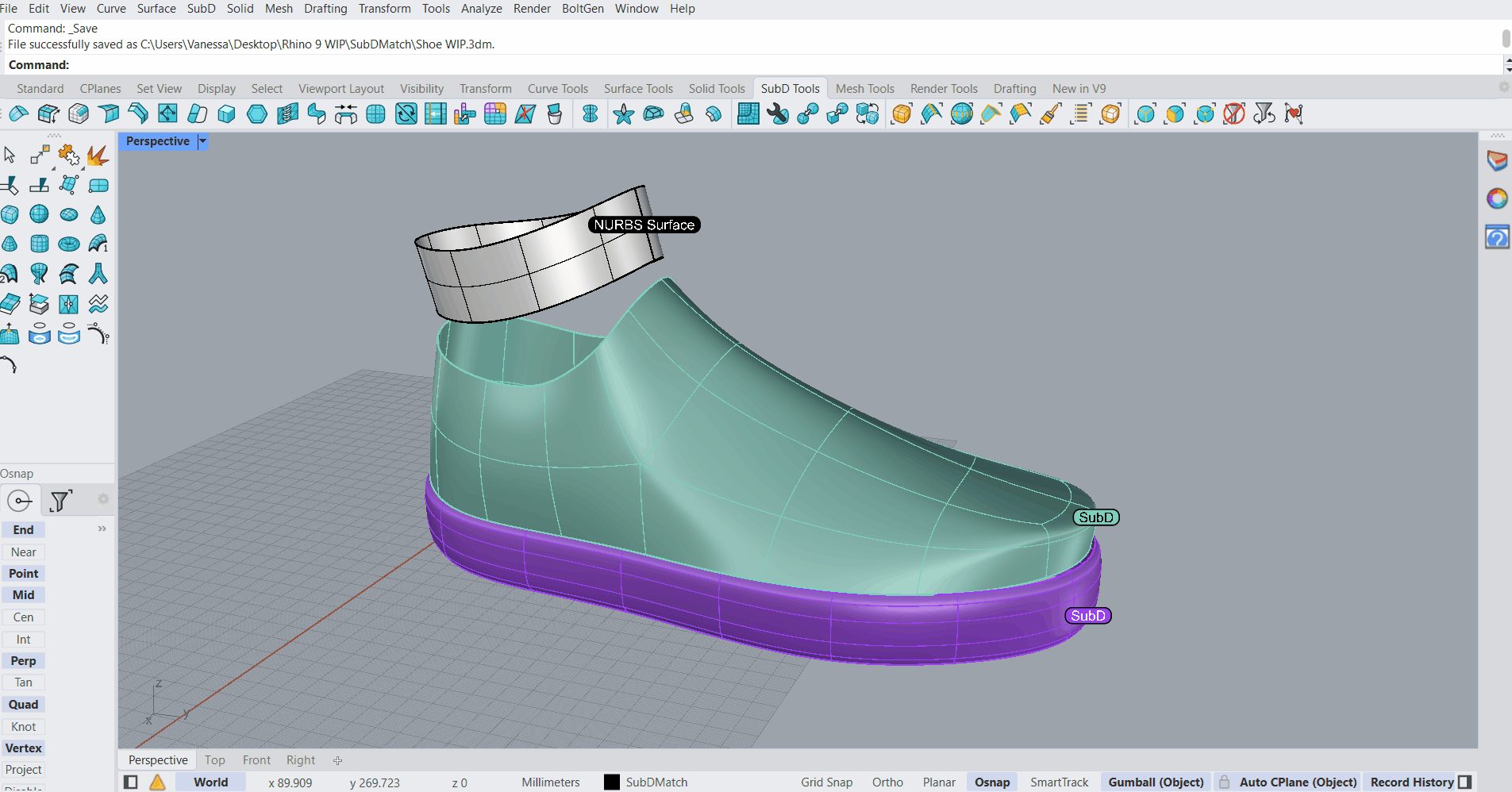 Match to a SubD | Match tangent to a surface