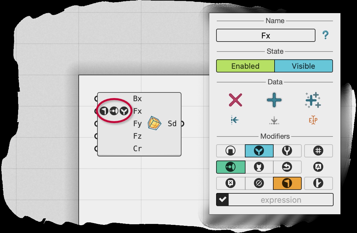Figure 2. Three active modifiers in the parameter menu with their associated icons.