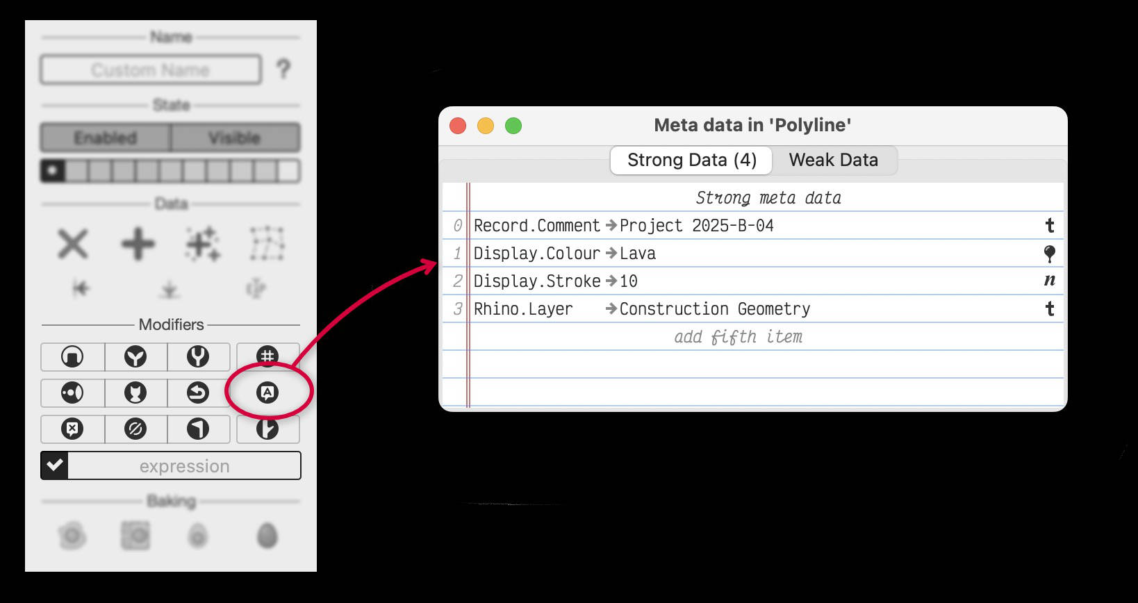 Figure 9. The parameter-level meta data modifier provides access to the strong and weak meta data overrides.