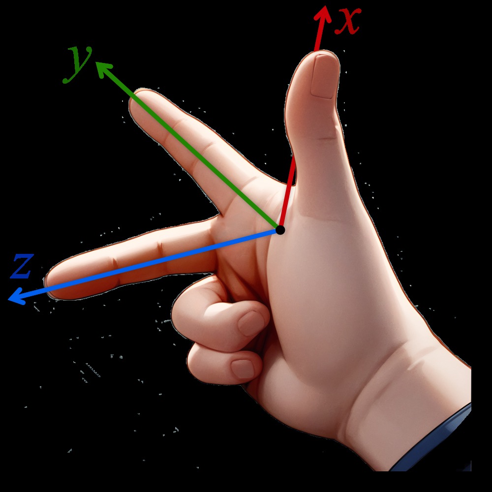 caption=Handedness of Cartesian coordinate systems depends on axis directions.