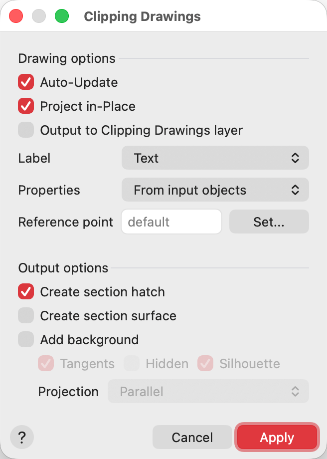 The Clipping Drawings dialog with Auto-Update, Project in-Place, and Create section hatch on.