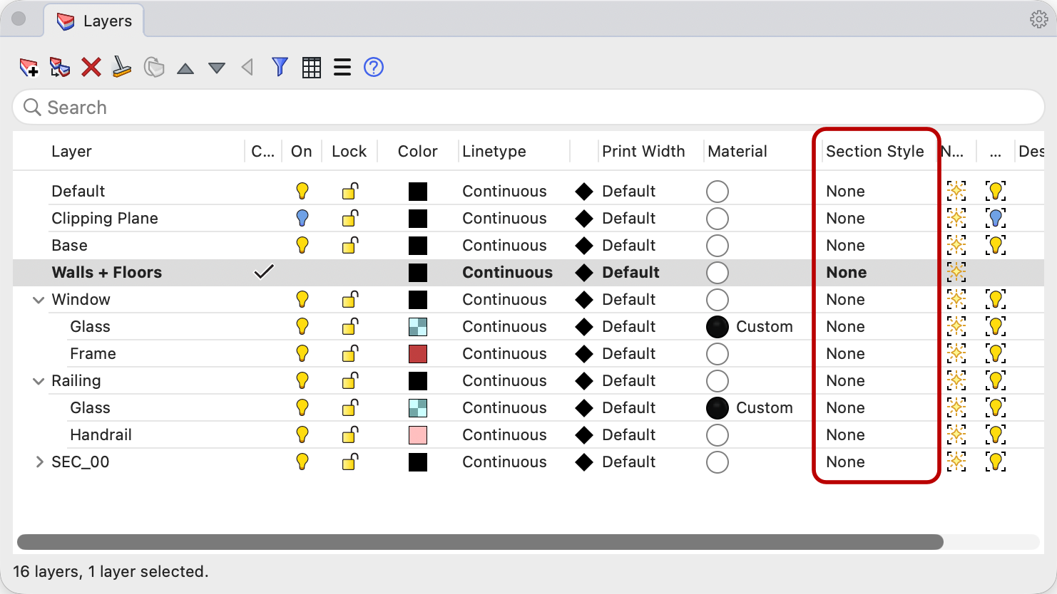 The Layers panel with the Section Style column highlighted, all layers still unassigned.