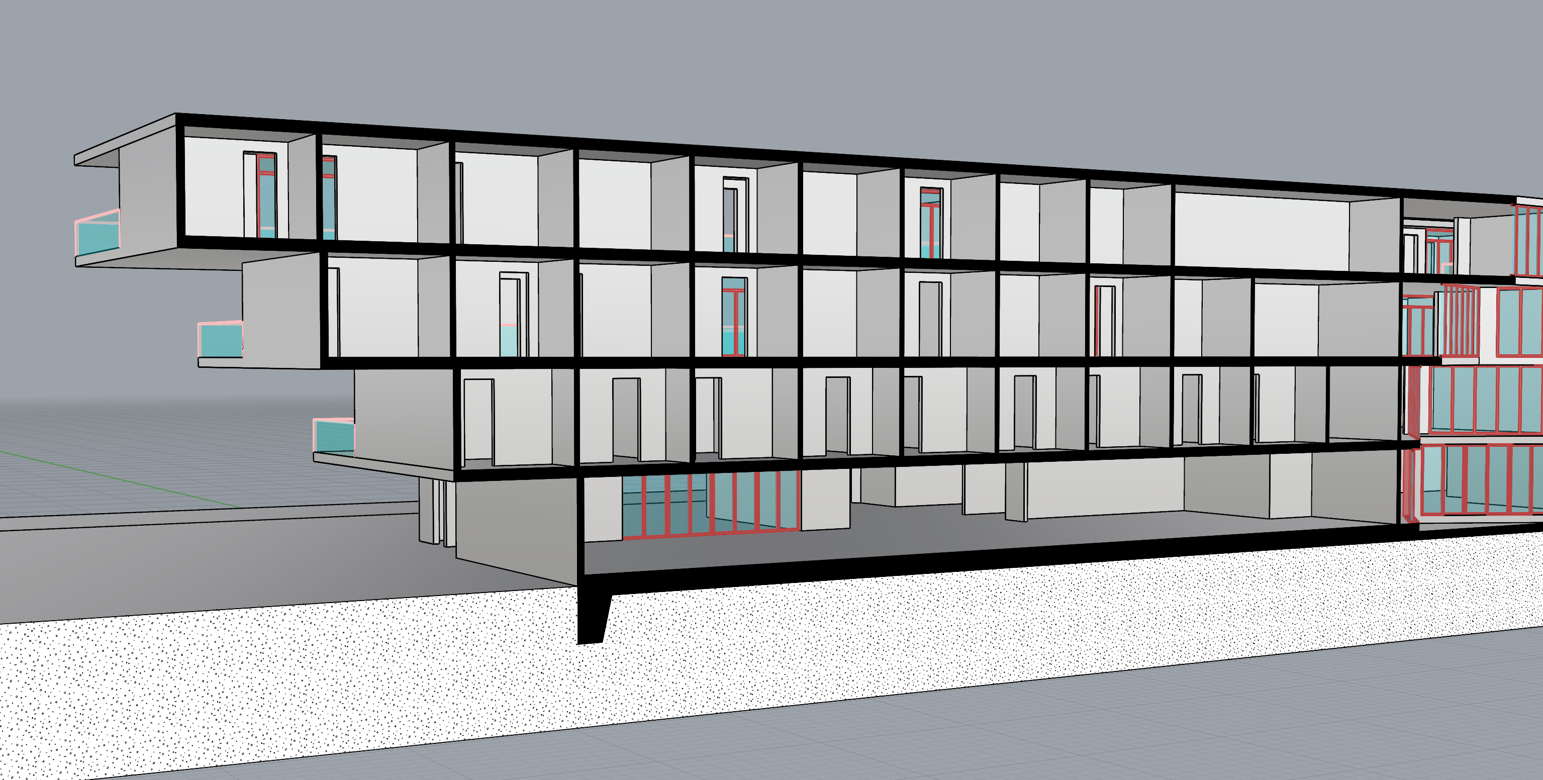 A reference cutaway identifying the Window (glass/frame) and Railing (glass/handrail) layers before their Section Styles are assigned.