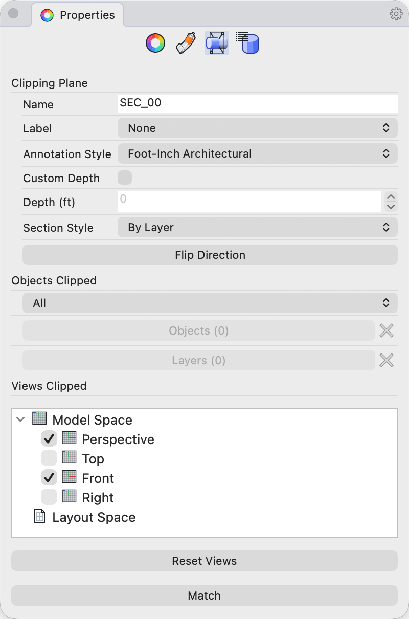 Object Properties for the SEC_00 clipping plane, with Perspective and Front checked under Views Clipped.