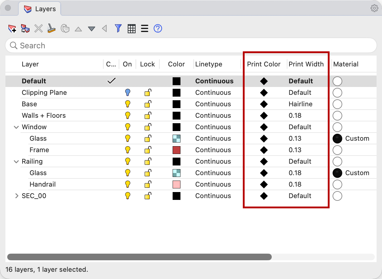 The Layers panel with the Print Color and Print Width columns boxed in red (hairline, 0.13, 0.18 values).