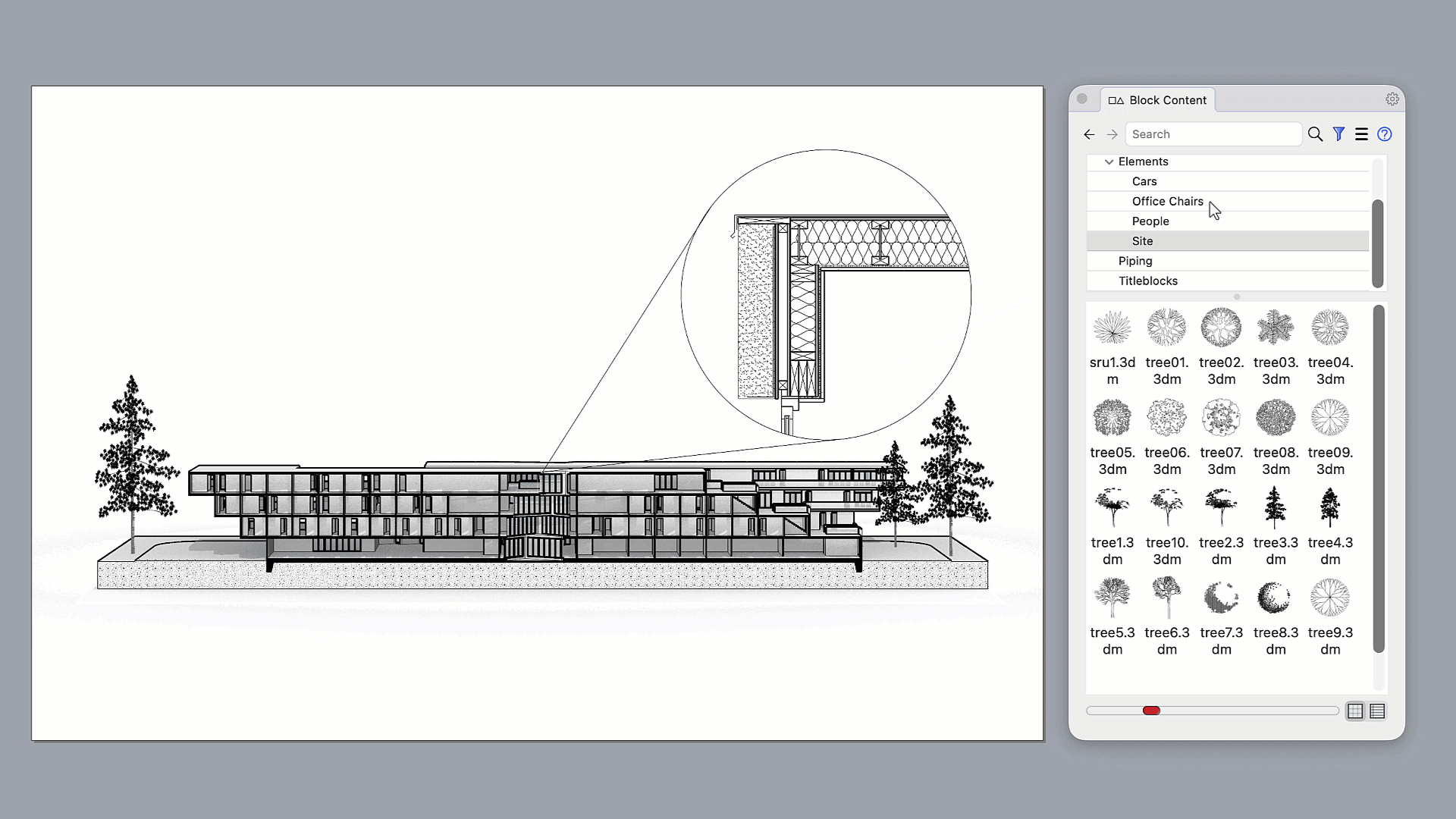 Adding a personal folder as a content source in Block Content. My Symbols appears with the user's own furniture and fixture blocks.