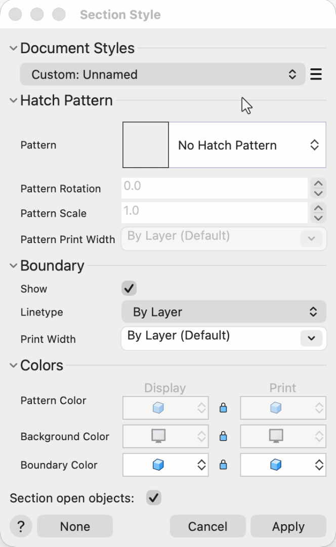 The Section Style dialog being set up, picking the Sand hatch, setting Pattern Scale to 0.7, adding a white background, then Apply.