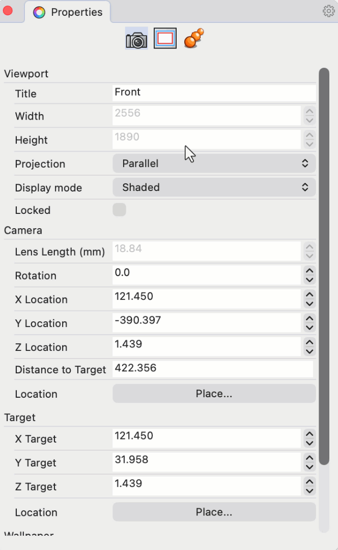 Viewport Properties being switched from Parallel to Two Point Perspective and the Lens Length typed in as 50mm.