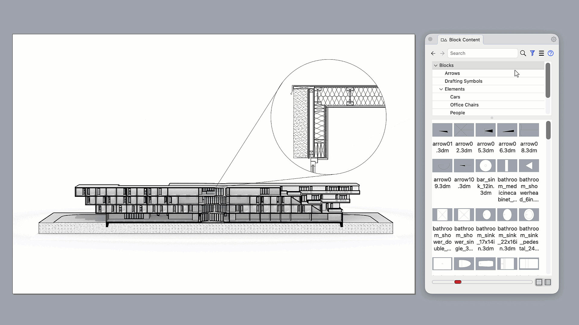 Browsing the Block Content panel's drafting-symbol folders down to the tree blocks and dropping trees onto the layout.