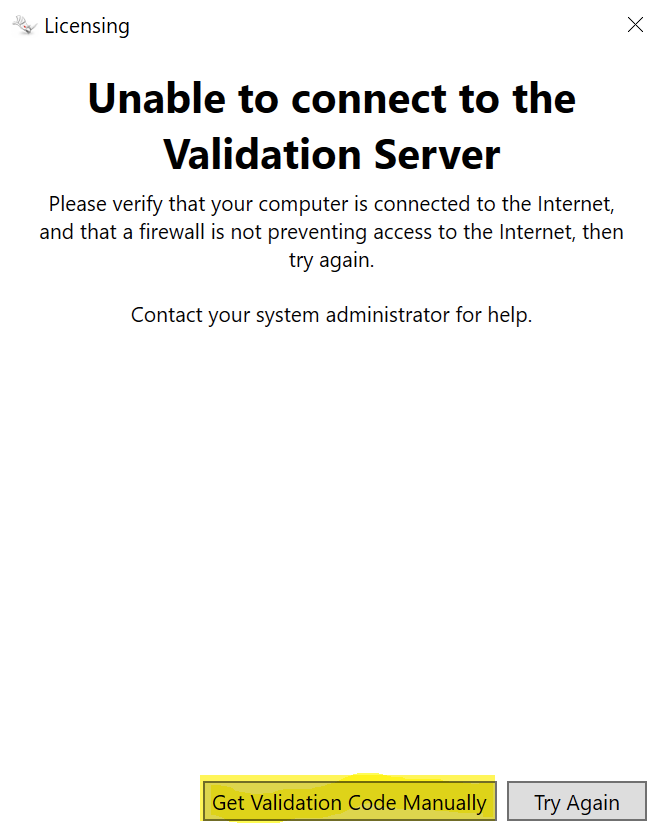 Unable to connect to the validation server