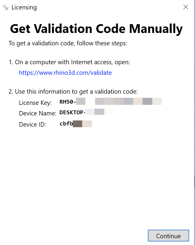 Get Validation Code Manually dialog