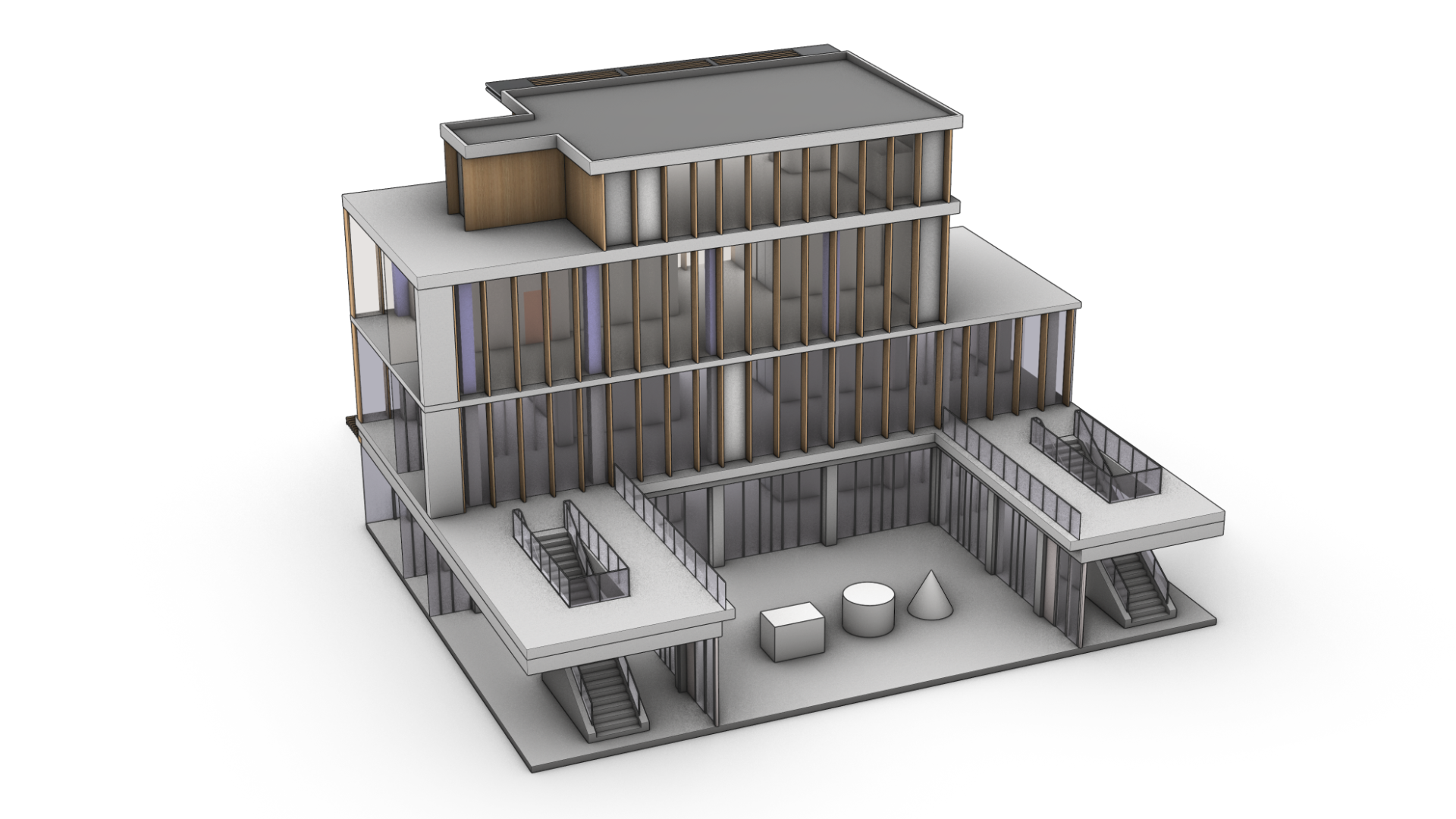 A box, cylinder, and cone added on the ground floor slab.