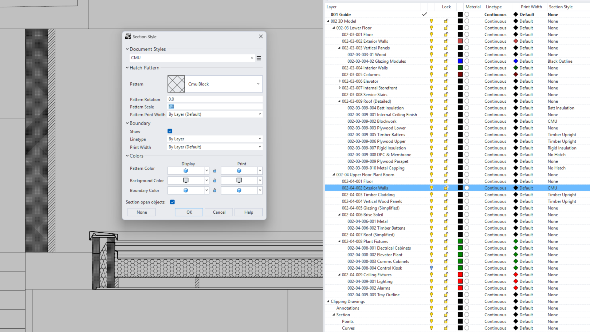 The CMU Section Style: reduce Pattern Scale to loosen up the hatch.