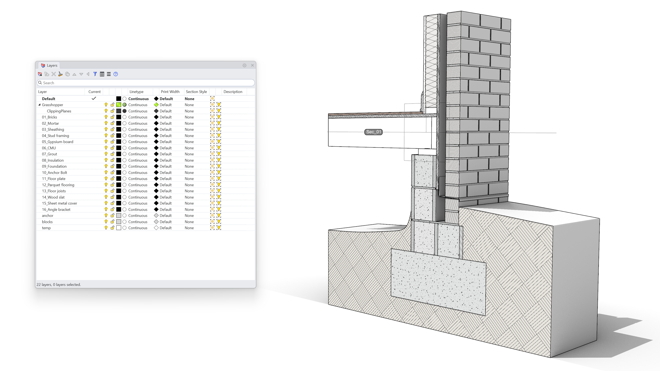 3D wall detail with the Layers panel showing the material layers.