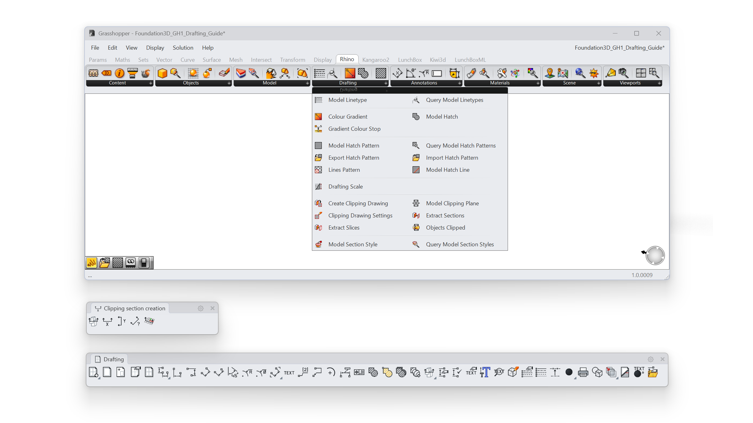 Grasshopper toolbar, Rhino tab with Clipping Section panel and Drafting panel.