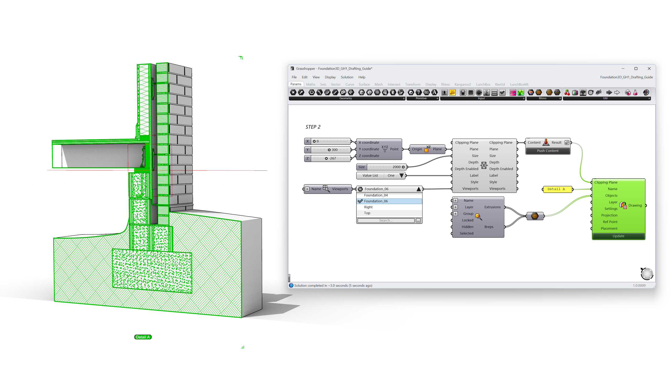 Create a 2D section drawing from your 3D detail model using the Create Clipping Drawing Grasshopper component.