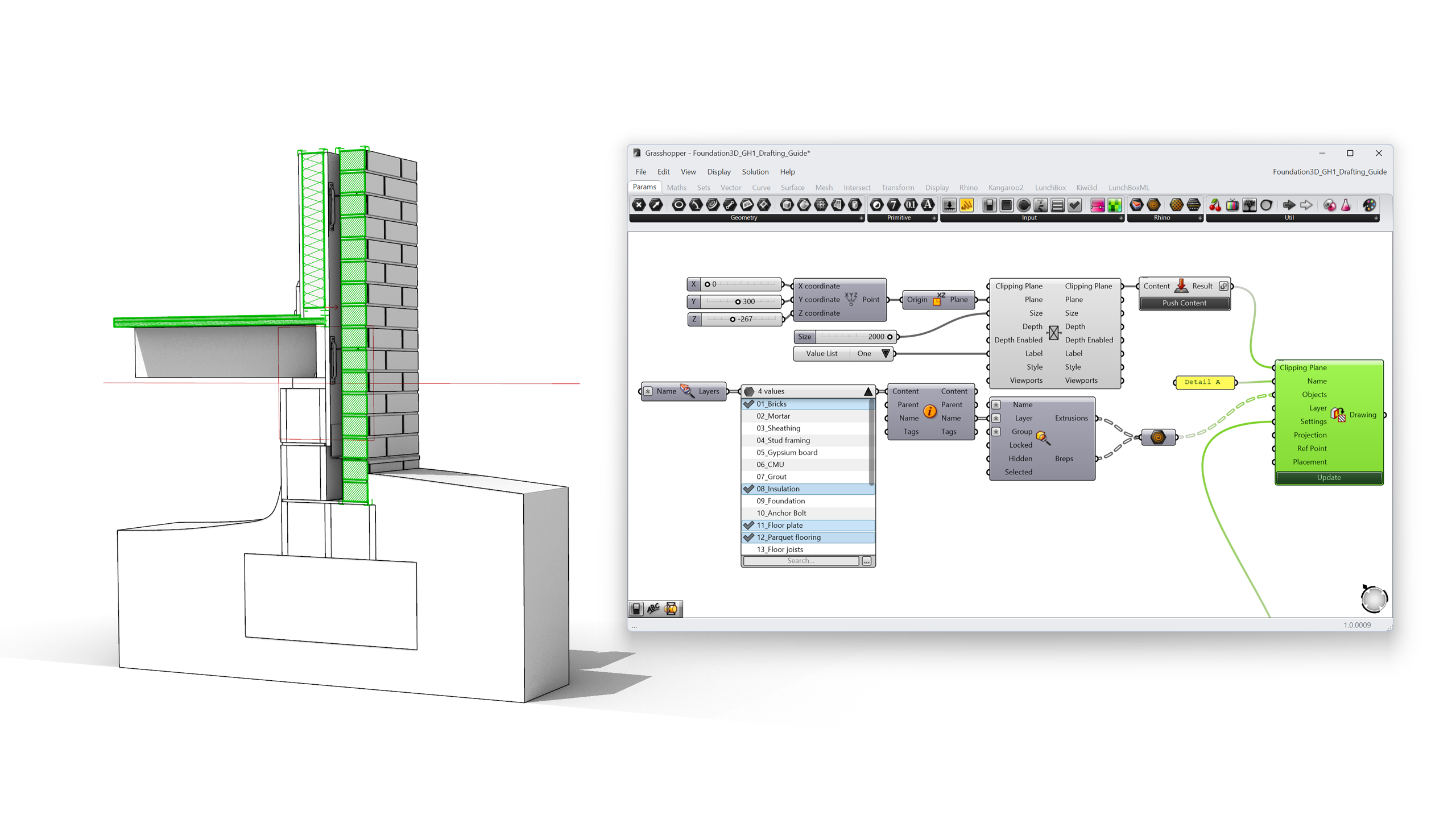 3D wall detail with insulation, floor plate, and parquet flooring highlighted; Grasshopper canvas with X/Y/Z sliders into Point into XY Plane, Value Picker showing checked layers, Query Model Objects, and Create Clipped Drawing marked Detail A.
