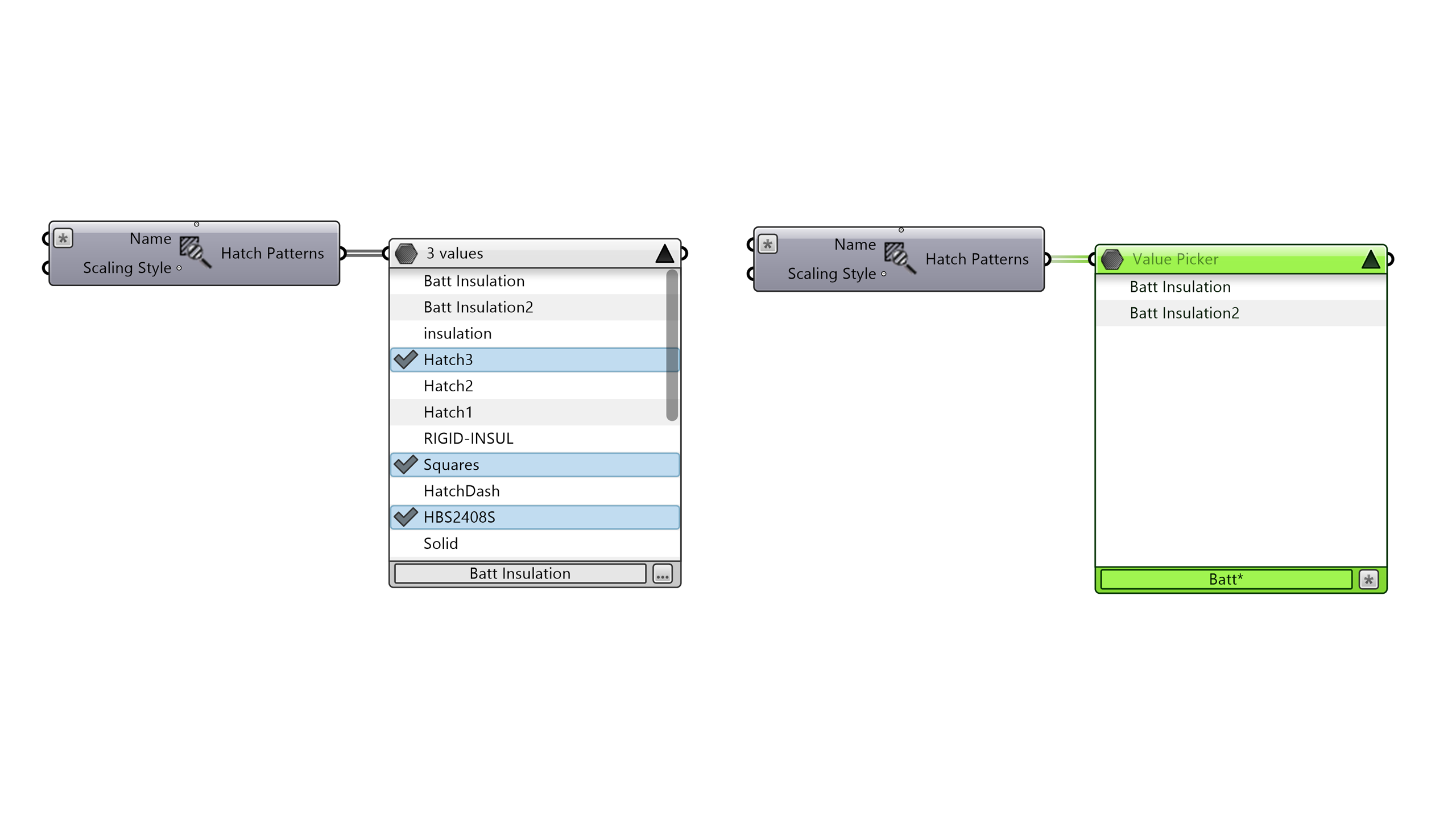 Left: Value Picker expanded; Right: Value Picker filtered to Batt, two hatch patterns found.