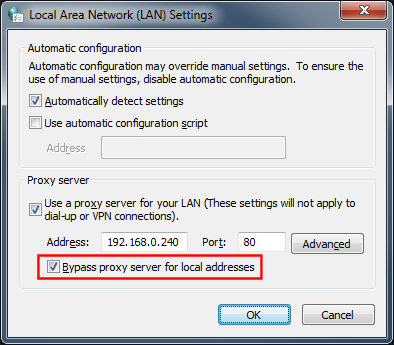 Bypass proxy server for local addresses setting