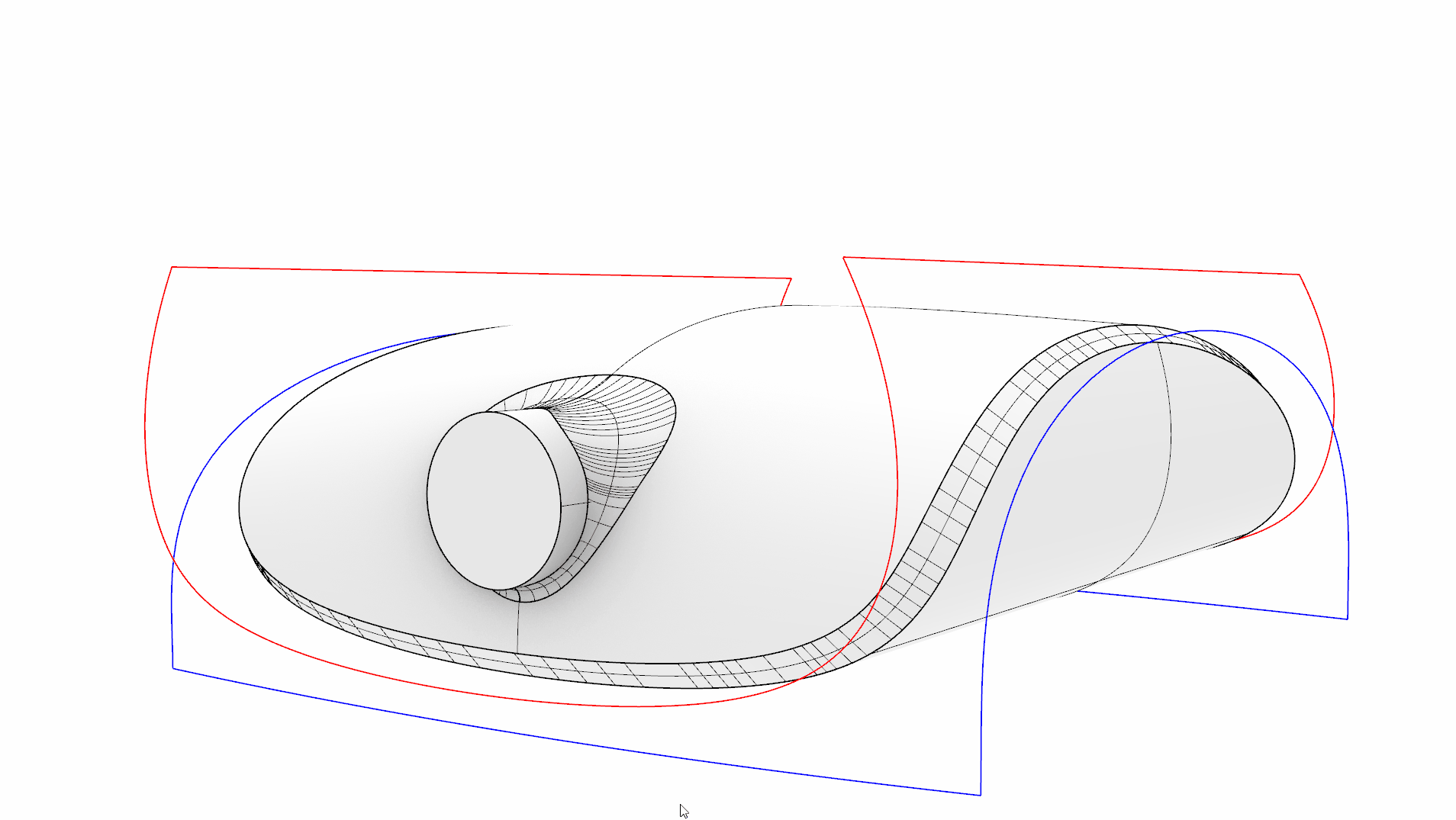 The projector body created from two intersecting surfaces, shown in red and blue, with a chamfered outline and a lens cylinder filleted into the front.
