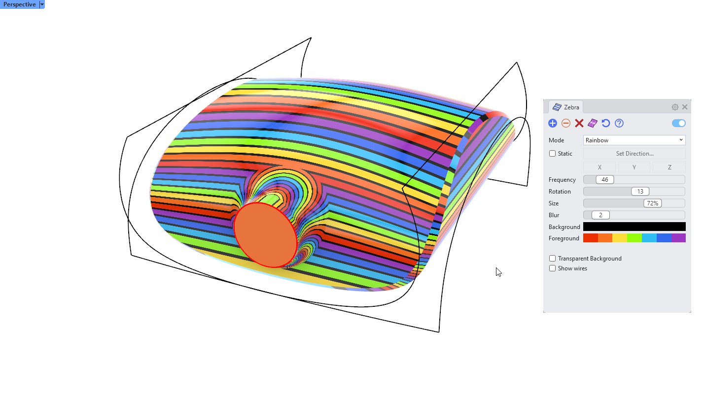 Zebra analysis in Rainbow mode on the projector body, showing the variable-radius fillet transition around the lens cylinder.