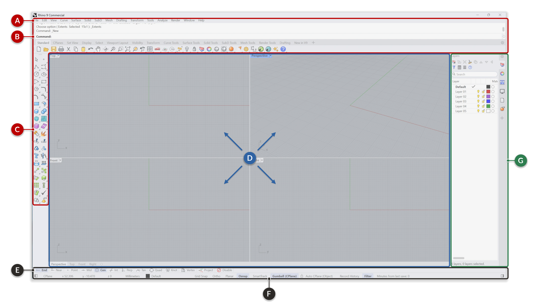 Rhino 9 User Interface and its main zones