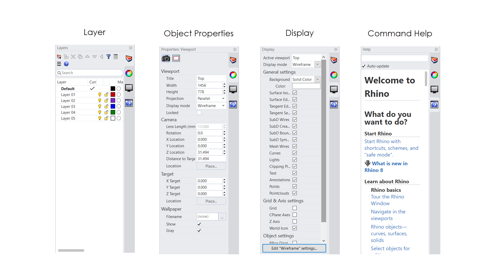 Change the active panel by clicking on the tabs to the right of the panel.