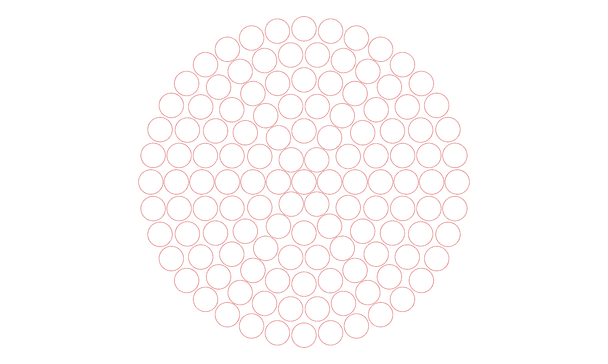 The same values, now with 6 more circles added per ring. Now the radial spokes are well aligned.