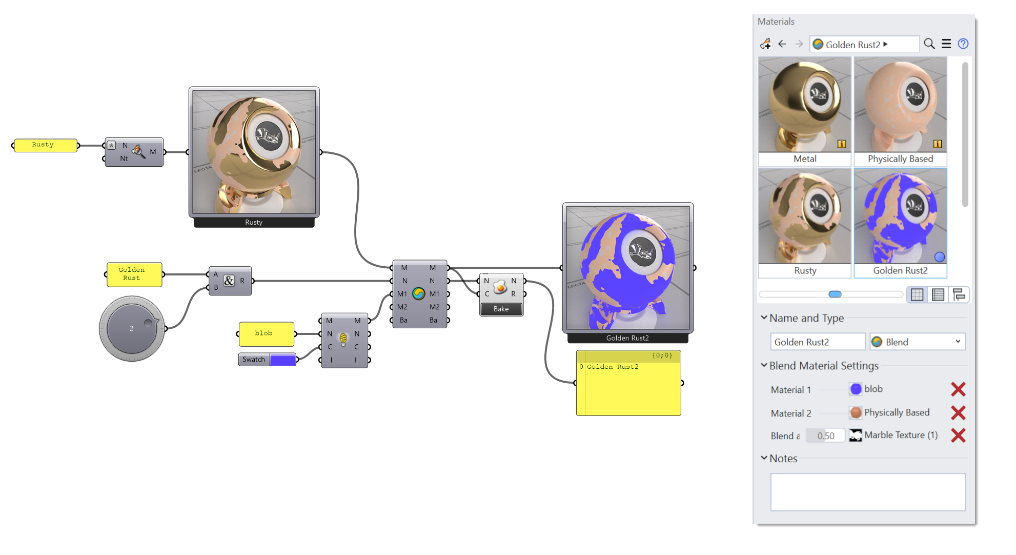 Il componente che richiama i materiali decostruisce un materiale di Rhino in Grasshopper