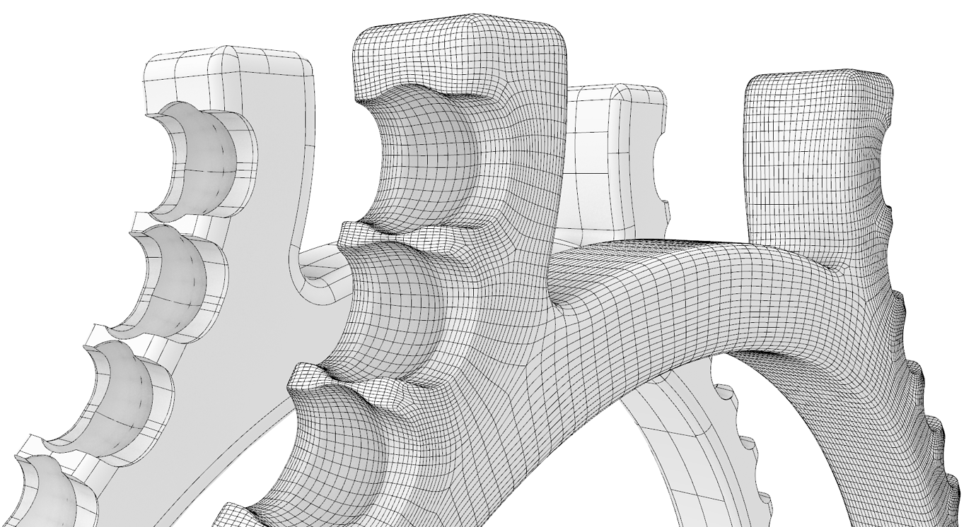 Remesh to SubD to soften hard to fillet areas for rendering.