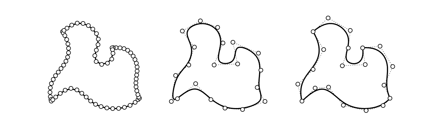 From left to right: original curve, rebuilt curve with 20 control points, rebuilt curve with 20 control points and kink-splitting