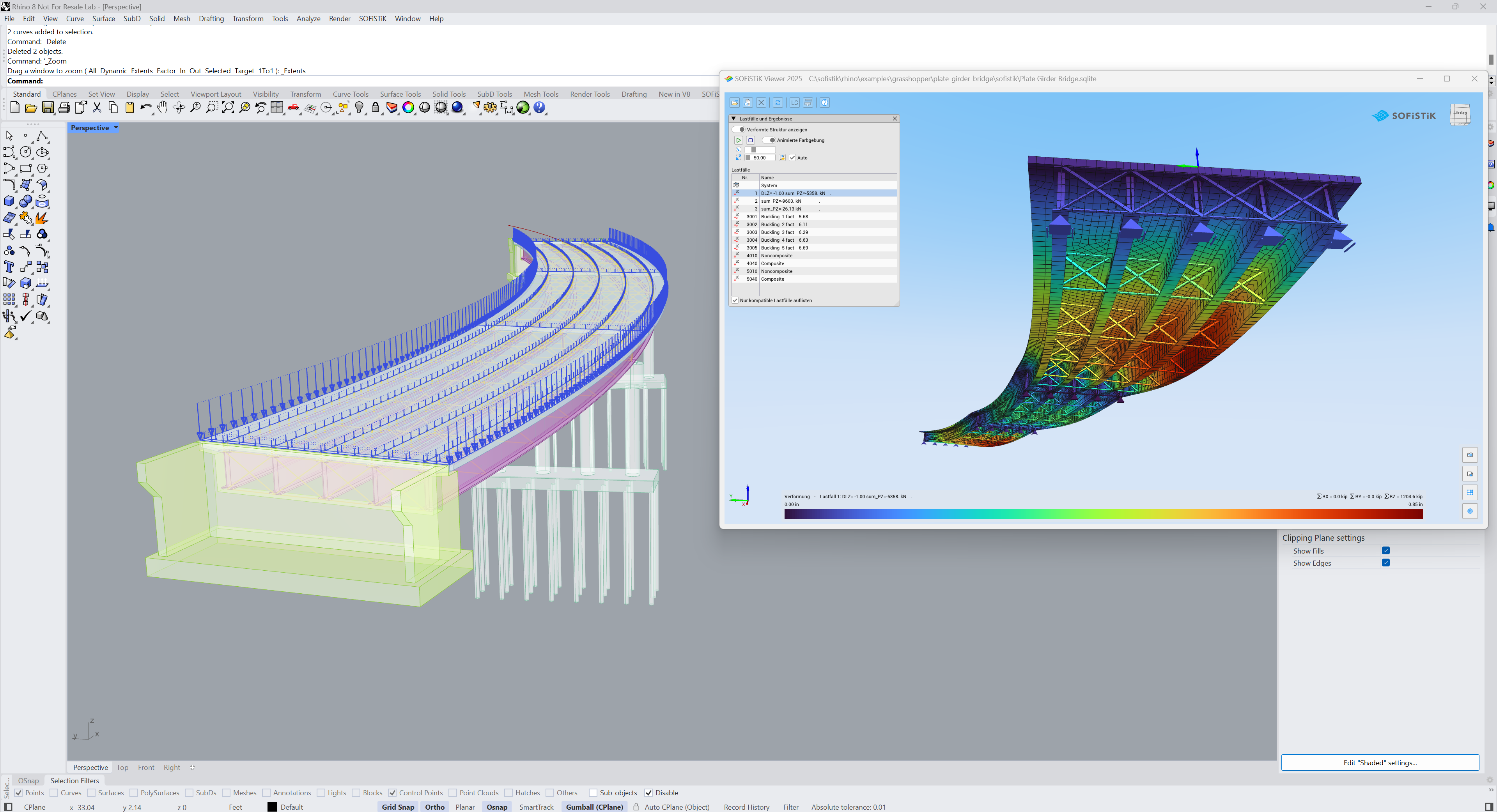 Structural analysis of a bridge model using the SOFiSTiK Rhino Interface. © SOFiSTiK AG.