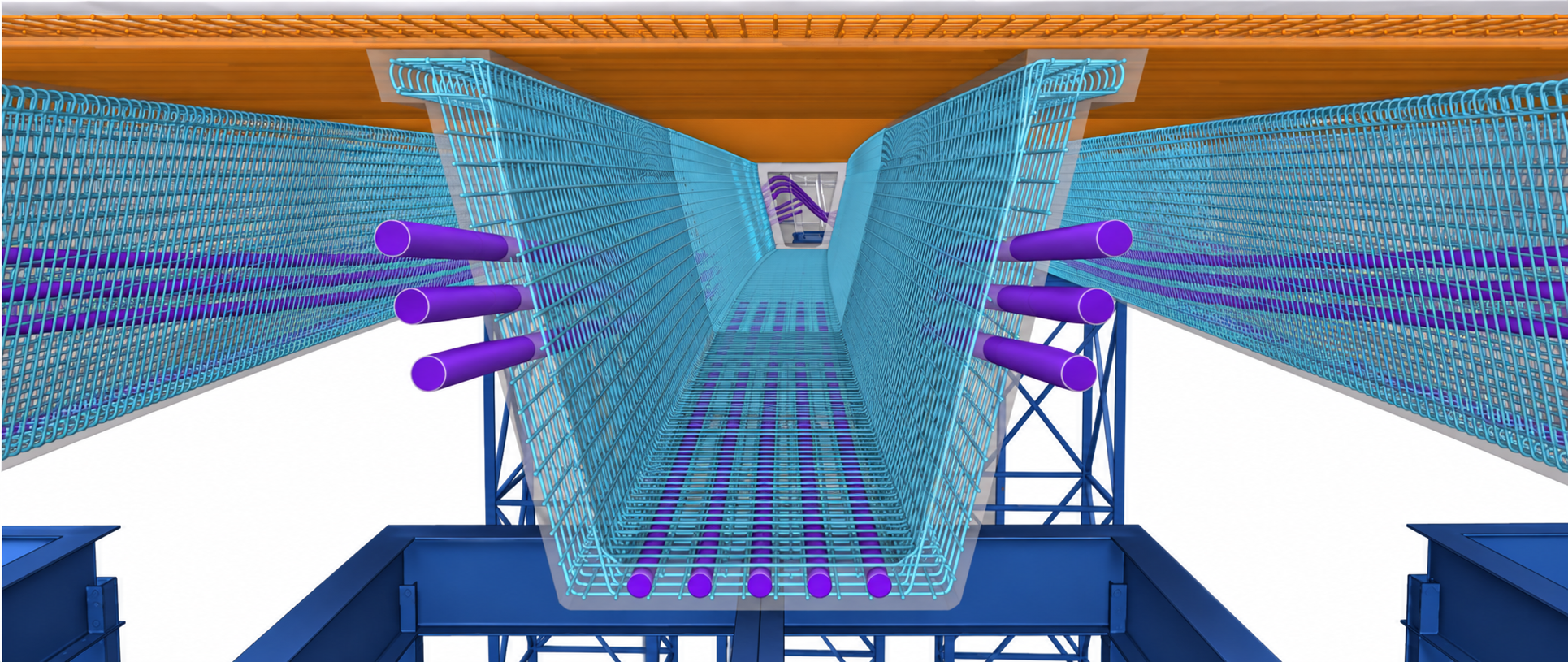 Plate girder bridge with post-tensioning ducts and rebar model transferred to Tekla Structures using Tekla Live Link. © Trimble.
