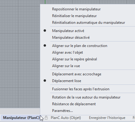 Cliquez avec le bouton droit de la souris sur le volet Manipulateur pour accéder aux paramètres