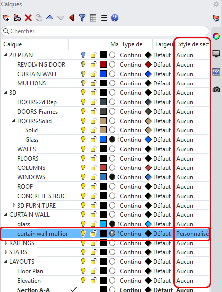 Colonne « Style de section » dans le panneau des Calques