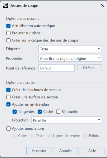 Options de la boîte de dialogue Dessins de coupe