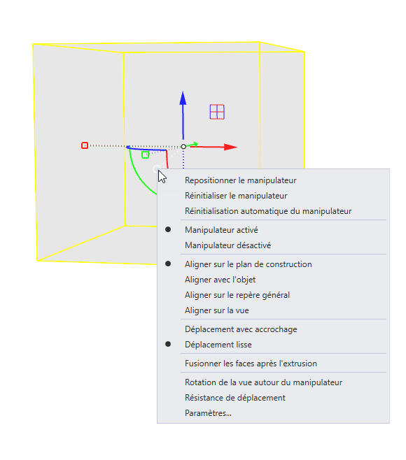 Cliquez sur la bille de menu du manipulateur pour accéder aux paramètres