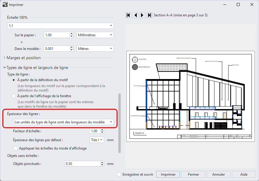 Paramètres de types de ligne d’impression