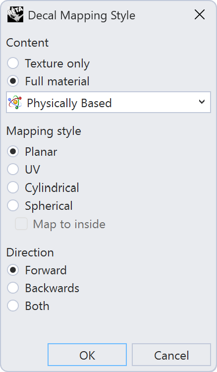 Decal mapping style settings.