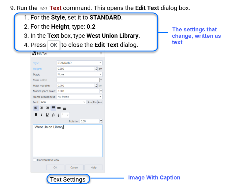 Dialog Box with Settings described textually