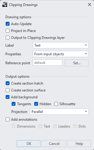 ClippingDrawings Options in the dialog