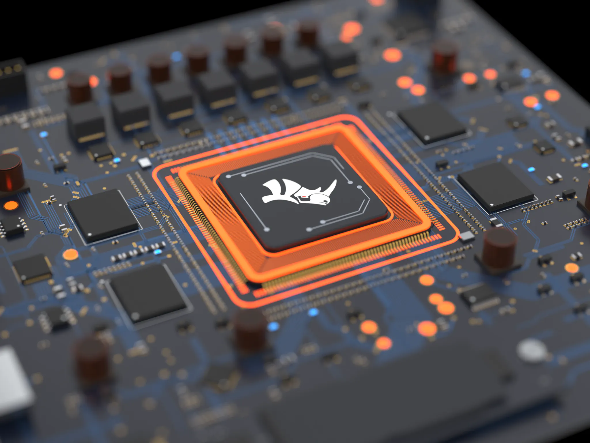 Graphics chip with the Rhino logo on a circuit board